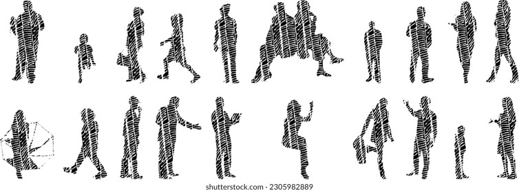 Vector illustration, Outline silhouettes of people, Contour drawing, people silhouette, Icon Set Isolated , Silhouette of sitting people, Architectural set	
