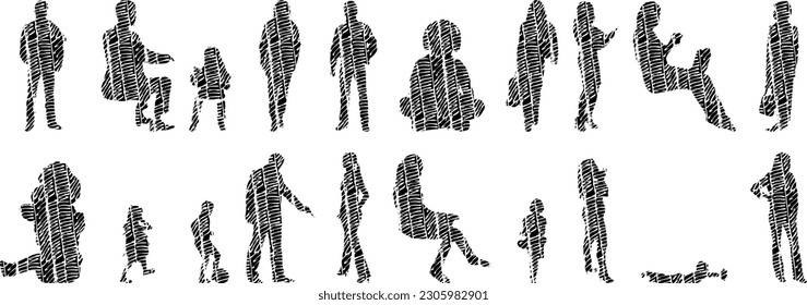 Vector illustration, Outline silhouettes of people, Contour drawing, people silhouette, Icon Set Isolated , Silhouette of sitting people, Architectural set	
