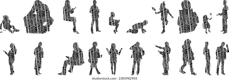 Vector illustration, Outline silhouettes of people, Contour drawing, people silhouette, Icon Set Isolated , Silhouette of sitting people, Architectural set	
