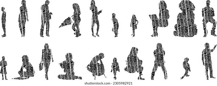 Vector illustration, Outline silhouettes of people, Contour drawing, people silhouette, Icon Set Isolated , Silhouette of sitting people, Architectural set	
