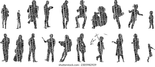 Vector illustration, Outline silhouettes of people, Contour drawing, people silhouette, Icon Set Isolated , Silhouette of sitting people, Architectural set	
