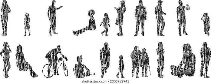 Vector illustration, Outline silhouettes of people, Contour drawing, people silhouette, Icon Set Isolated , Silhouette of sitting people, Architectural set	
