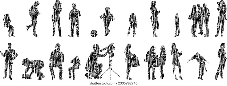 Vector illustration, Outline silhouettes of people, Contour drawing, people silhouette, Icon Set Isolated , Silhouette of sitting people, Architectural set	
