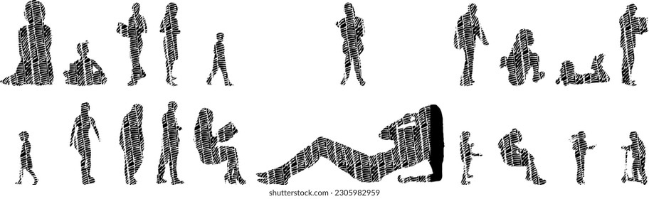 Vector illustration, Outline silhouettes of people, Contour drawing, people silhouette, Icon Set Isolated , Silhouette of sitting people, Architectural set	
