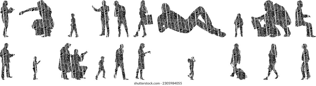 Vector illustration, Outline silhouettes of people, Contour drawing, people silhouette, Icon Set Isolated , Silhouette of sitting people, Architectural set	
