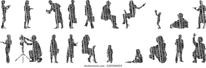 Vector illustration, Outline silhouettes of people, Contour drawing, people silhouette, Icon Set Isolated , Silhouette of sitting people, Architectural set	
