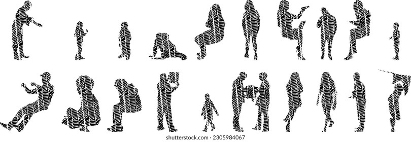 Vector illustration, Outline silhouettes of people, Contour drawing, people silhouette, Icon Set Isolated , Silhouette of sitting people, Architectural set	
