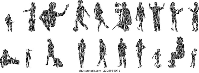 Vector illustration, Outline silhouettes of people, Contour drawing, people silhouette, Icon Set Isolated , Silhouette of sitting people, Architectural set	
