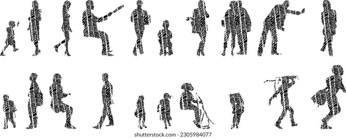 Vector illustration, Outline silhouettes of people, Contour drawing, people silhouette, Icon Set Isolated , Silhouette of sitting people, Architectural set	
