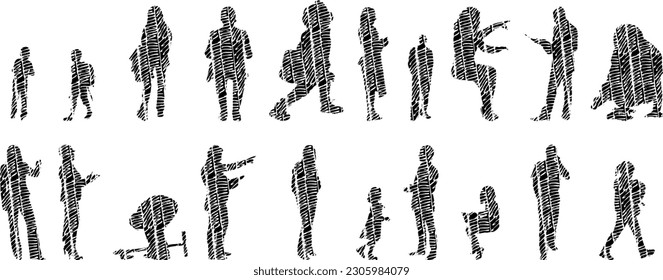 Vector illustration, Outline silhouettes of people, Contour drawing, people silhouette, Icon Set Isolated , Silhouette of sitting people, Architectural set	
