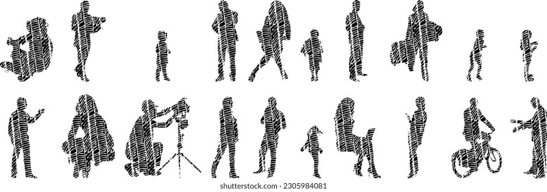 Vector illustration, Outline silhouettes of people, Contour drawing, people silhouette, Icon Set Isolated , Silhouette of sitting people, Architectural set	
