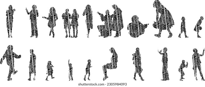 Vector illustration, Outline silhouettes of people, Contour drawing, people silhouette, Icon Set Isolated , Silhouette of sitting people, Architectural set	
