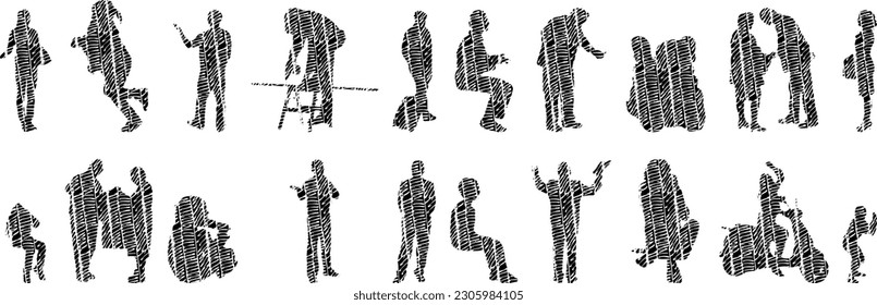 Vector illustration, Outline silhouettes of people, Contour drawing, people silhouette, Icon Set Isolated , Silhouette of sitting people, Architectural set	
