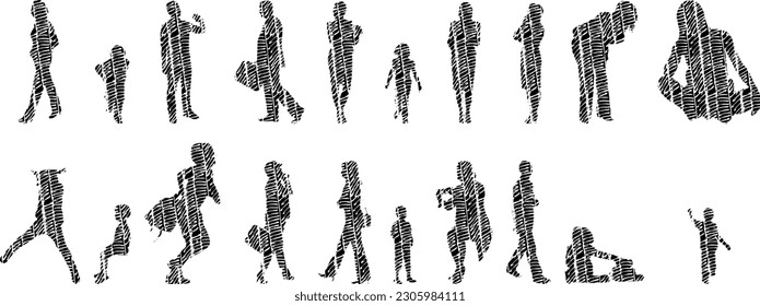 Vector illustration, Outline silhouettes of people, Contour drawing, people silhouette, Icon Set Isolated , Silhouette of sitting people, Architectural set	
