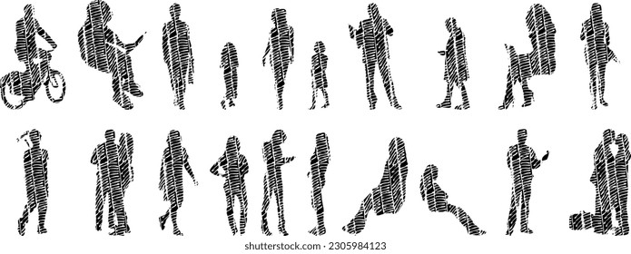 Vector illustration, Outline silhouettes of people, Contour drawing, people silhouette, Icon Set Isolated , Silhouette of sitting people, Architectural set	
