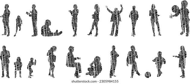 Vector illustration, Outline silhouettes of people, Contour drawing, people silhouette, Icon Set Isolated , Silhouette of sitting people, Architectural set	
