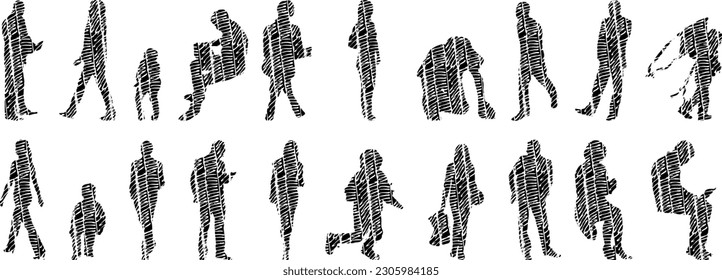 Vector illustration, Outline silhouettes of people, Contour drawing, people silhouette, Icon Set Isolated , Silhouette of sitting people, Architectural set	
