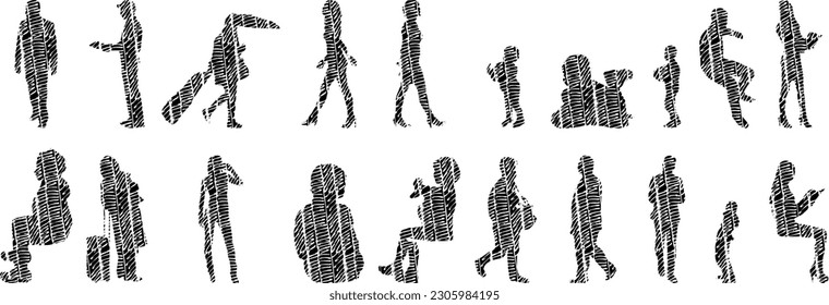 Vector illustration, Outline silhouettes of people, Contour drawing, people silhouette, Icon Set Isolated , Silhouette of sitting people, Architectural set	
