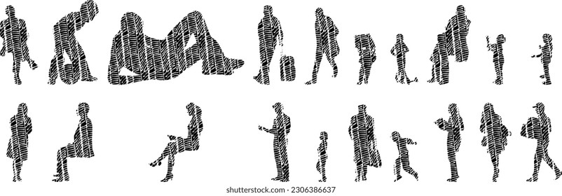 Vector illustration, Outline silhouettes of people, Contour drawing, people silhouette, Icon Set Isolated , Silhouette of sitting people, Architectural set	
