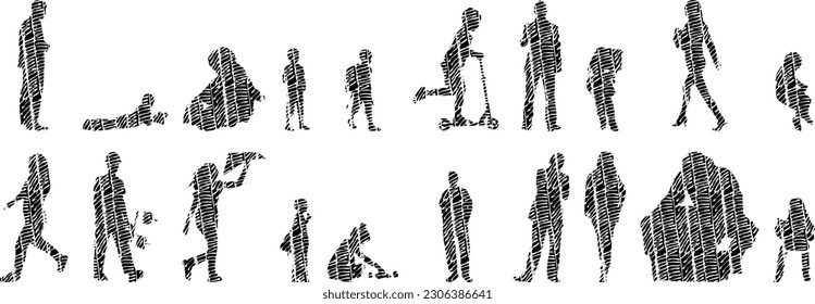 Vector illustration, Outline silhouettes of people, Contour drawing, people silhouette, Icon Set Isolated , Silhouette of sitting people, Architectural set	
