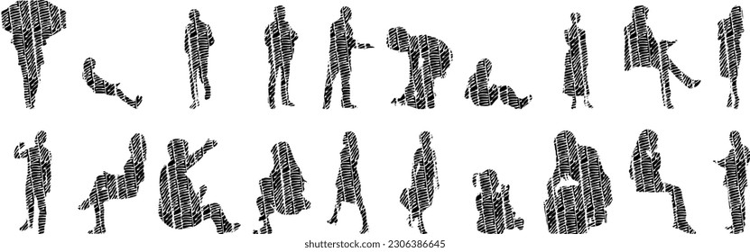 Vector illustration, Outline silhouettes of people, Contour drawing, people silhouette, Icon Set Isolated , Silhouette of sitting people, Architectural set	
