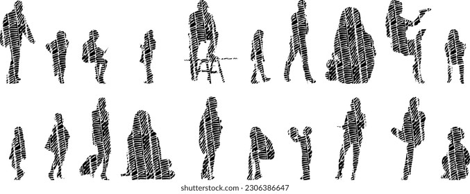 Vector illustration, Outline silhouettes of people, Contour drawing, people silhouette, Icon Set Isolated , Silhouette of sitting people, Architectural set	
