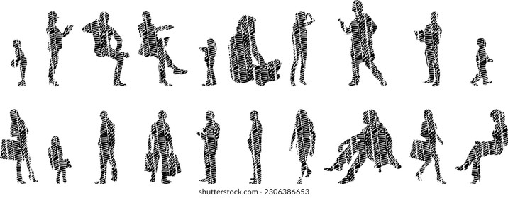 Vector illustration, Outline silhouettes of people, Contour drawing, people silhouette, Icon Set Isolated , Silhouette of sitting people, Architectural set	
