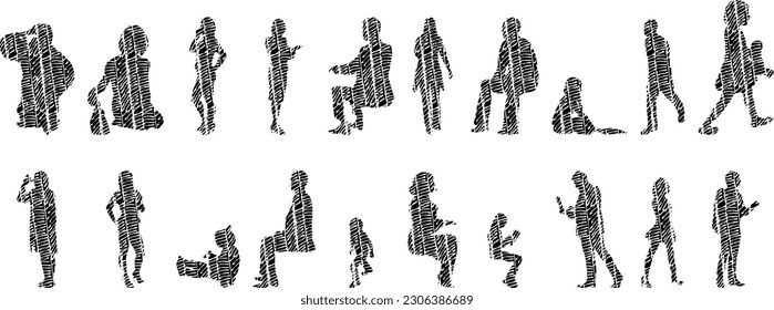 Vector illustration, Outline silhouettes of people, Contour drawing, people silhouette, Icon Set Isolated , Silhouette of sitting people, Architectural set	
