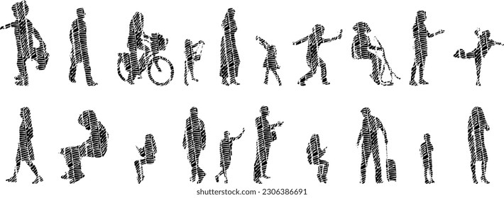 Vector illustration, Outline silhouettes of people, Contour drawing, people silhouette, Icon Set Isolated , Silhouette of sitting people, Architectural set	
