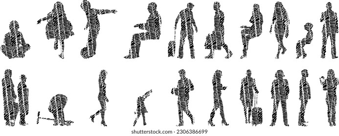 Vector illustration, Outline silhouettes of people, Contour drawing, people silhouette, Icon Set Isolated , Silhouette of sitting people, Architectural set	
