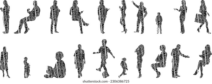Vector illustration, Outline silhouettes of people, Contour drawing, people silhouette, Icon Set Isolated , Silhouette of sitting people, Architectural set	
