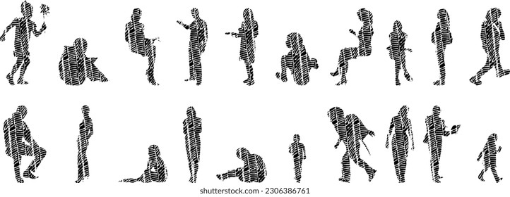 Vector illustration, Outline silhouettes of people, Contour drawing, people silhouette, Icon Set Isolated , Silhouette of sitting people, Architectural set	
