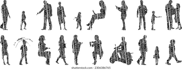 Vector illustration, Outline silhouettes of people, Contour drawing, people silhouette, Icon Set Isolated , Silhouette of sitting people, Architectural set	
