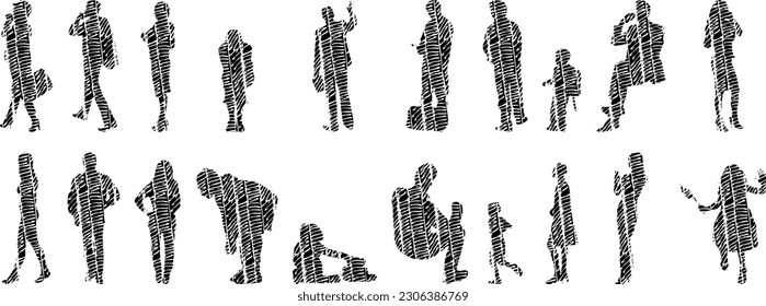 Vector illustration, Outline silhouettes of people, Contour drawing, people silhouette, Icon Set Isolated , Silhouette of sitting people, Architectural set	
