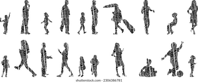 Vector illustration, Outline silhouettes of people, Contour drawing, people silhouette, Icon Set Isolated , Silhouette of sitting people, Architectural set	
