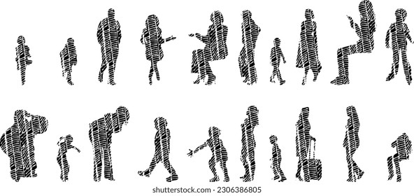 Vector illustration, Outline silhouettes of people, Contour drawing, people silhouette, Icon Set Isolated , Silhouette of sitting people, Architectural set	
