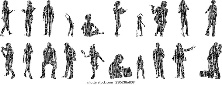 Vector illustration, Outline silhouettes of people, Contour drawing, people silhouette, Icon Set Isolated , Silhouette of sitting people, Architectural set	
