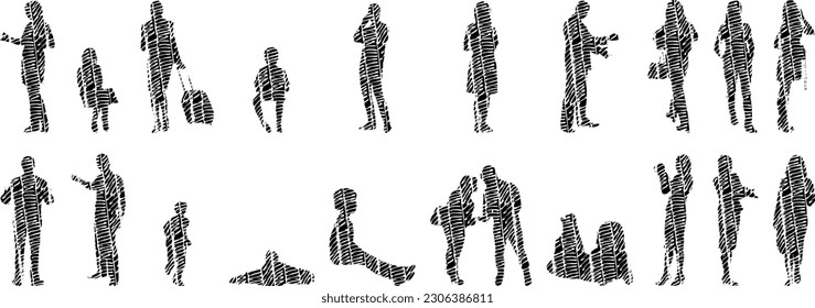 Vector illustration, Outline silhouettes of people, Contour drawing, people silhouette, Icon Set Isolated , Silhouette of sitting people, Architectural set	
