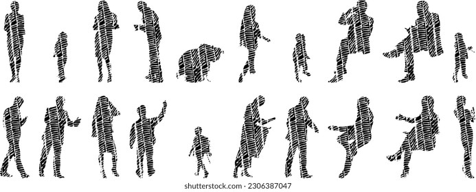 Vector illustration, Outline silhouettes of people, Contour drawing, people silhouette, Icon Set Isolated , Silhouette of sitting people, Architectural set	
