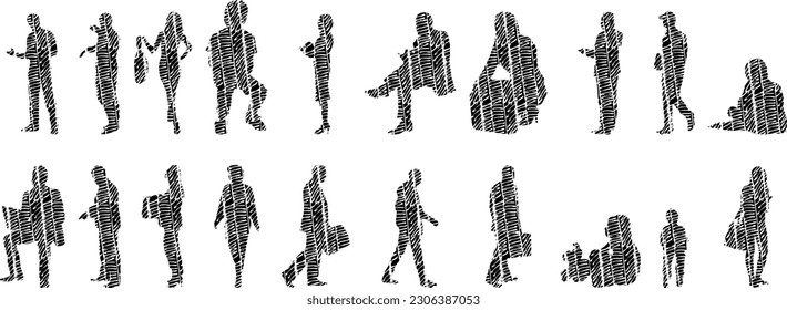 Vector illustration, Outline silhouettes of people, Contour drawing, people silhouette, Icon Set Isolated , Silhouette of sitting people, Architectural set	
