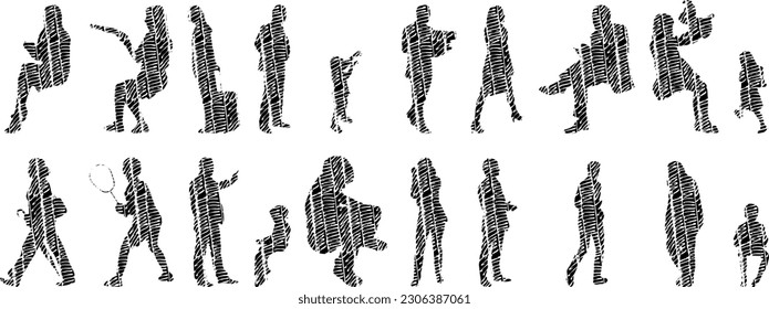 Vector illustration, Outline silhouettes of people, Contour drawing, people silhouette, Icon Set Isolated , Silhouette of sitting people, Architectural set	
