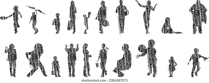 Vector illustration, Outline silhouettes of people, Contour drawing, people silhouette, Icon Set Isolated , Silhouette of sitting people, Architectural set	
