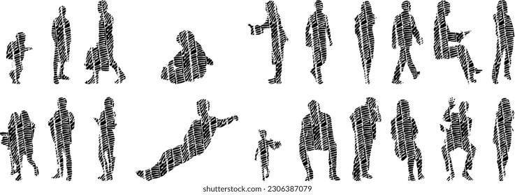 Vector illustration, Outline silhouettes of people, Contour drawing, people silhouette, Icon Set Isolated , Silhouette of sitting people, Architectural set	
