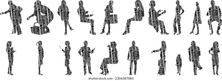 Vector illustration, Outline silhouettes of people, Contour drawing, people silhouette, Icon Set Isolated , Silhouette of sitting people, Architectural set	
