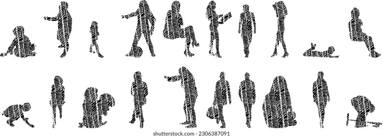 Vector illustration, Outline silhouettes of people, Contour drawing, people silhouette, Icon Set Isolated , Silhouette of sitting people, Architectural set	
