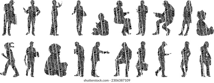 Vector illustration, Outline silhouettes of people, Contour drawing, people silhouette, Icon Set Isolated , Silhouette of sitting people, Architectural set	
