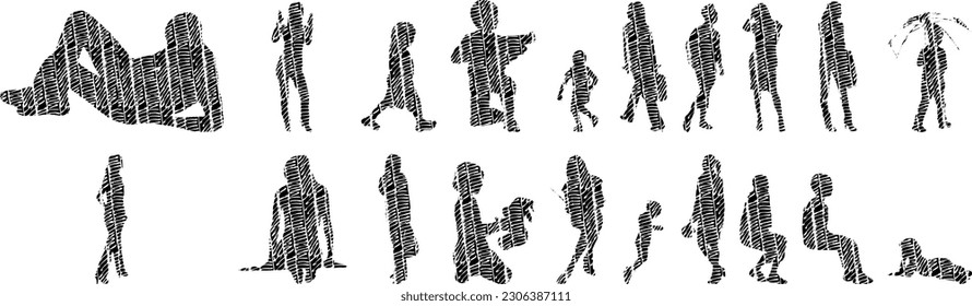 Vector illustration, Outline silhouettes of people, Contour drawing, people silhouette, Icon Set Isolated , Silhouette of sitting people, Architectural set	
