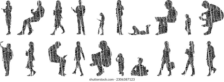 Vector illustration, Outline silhouettes of people, Contour drawing, people silhouette, Icon Set Isolated , Silhouette of sitting people, Architectural set	
