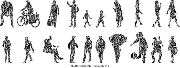 Vector illustration, Outline silhouettes of people, Contour drawing, people silhouette, Icon Set Isolated , Silhouette of sitting people, Architectural set	
