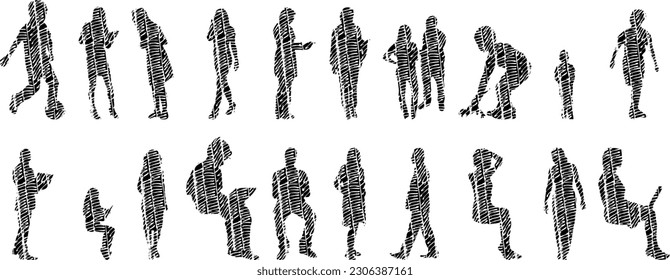 Vector illustration, Outline silhouettes of people, Contour drawing, people silhouette, Icon Set Isolated , Silhouette of sitting people, Architectural set	
